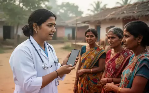 Eine indische Gesundheitshelferin nutzt ein Smartphone für die Beratung einer Familie in einem ländlichen Dorf. - Foto: über boerse-global.de