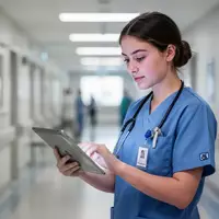 Eine junge Auszubildende in der Pflege in moderner Arbeitskleidung in einem hellen Krankenhausflur. - Foto: über boerse-global.de