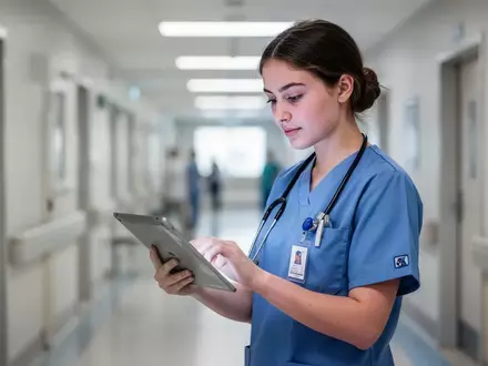 Eine junge Auszubildende in der Pflege in moderner Arbeitskleidung in einem hellen Krankenhausflur. - Foto: über boerse-global.de