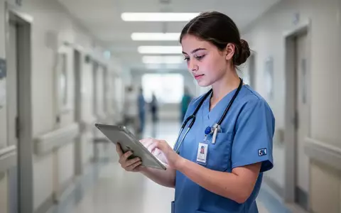 Eine junge Auszubildende in der Pflege in moderner Arbeitskleidung in einem hellen Krankenhausflur. - Foto: über boerse-global.de