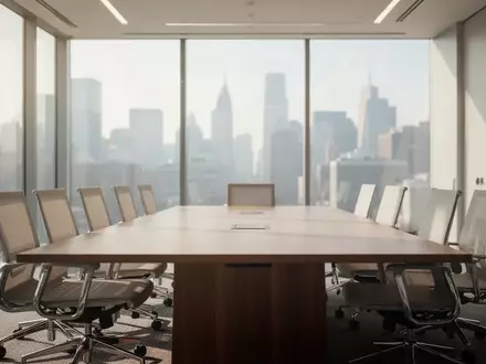 Moderner, heller Konferenzraum in einem Bürogebäude mit minimalistischem Design und Blick auf eine Stadtkulisse. - Foto: über boerse-global.de