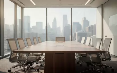 Moderner, heller Konferenzraum in einem Bürogebäude mit minimalistischem Design und Blick auf eine Stadtkulisse. - Foto: über boerse-global.de