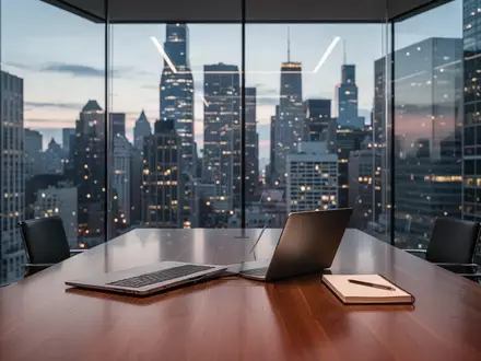 Ein minimalistisches, modernes Büro mit Blick auf ein Finanzviertel in der Abenddämmerung. - Foto: über boerse-global.de