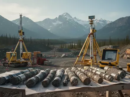 Geologische Ausrüstung und Gesteinsproben vor einer Bergkulisse in Alaska als Symbol für das New-Amalga-Goldprojekt. - Foto: über boerse-global.de