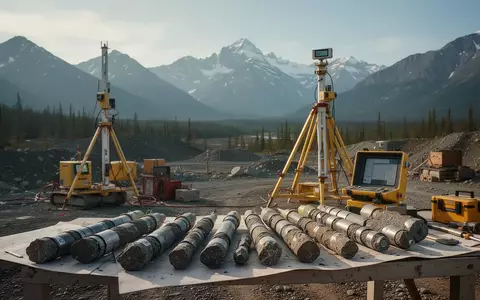 Geologische Ausrüstung und Gesteinsproben vor einer Bergkulisse in Alaska als Symbol für das New-Amalga-Goldprojekt. - Foto: über boerse-global.de