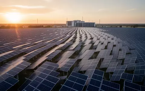 Weitläufiger Solarpark bei Sonnenuntergang mit einem modernen Rechenzentrum im Hintergrund. - Foto: über boerse-global.de