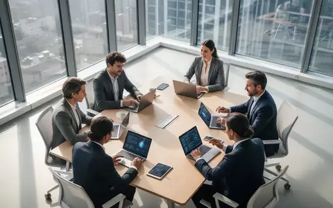 Professionelle Büroumgebung, in der Mitarbeiter an Laptops zusammenarbeiten, um den Einsatz von KI-Technologien zu planen. - Foto: über boerse-global.de