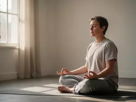 Eine Person sitzt in einer ruhigen, hellen Umgebung in einer entspannten Haltung während einer Achtsamkeitsmeditation. - Foto: über boerse-global.de