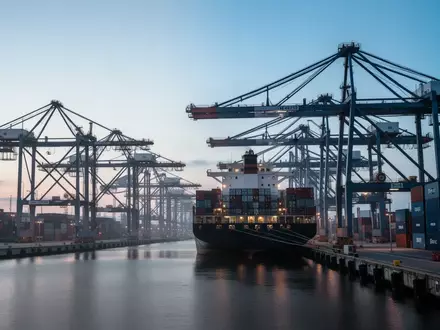 Ein moderner Industriehafen mit Containerschiffen und Kränen bei Dämmerung. - Foto: über boerse-global.de
