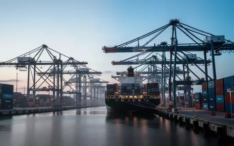 Ein moderner Industriehafen mit Containerschiffen und Kränen bei Dämmerung. - Foto: über boerse-global.de
