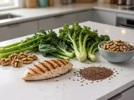 Ein Arrangement aus frischem Geflügel, grünem Gemüse und Omega-3-reichen Lebensmitteln wie Walnüssen auf einer Küchentheke. - Foto: über boerse-global.de