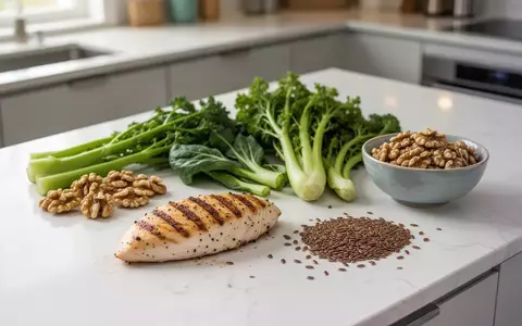 Ein Arrangement aus frischem Geflügel, grünem Gemüse und Omega-3-reichen Lebensmitteln wie Walnüssen auf einer Küchentheke. - Foto: über boerse-global.de
