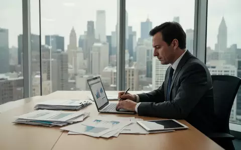 Ein Finanzberater arbeitet in einem modernen Büro an einem Laptop, umgeben von Finanzunterlagen. - Foto: über boerse-global.de