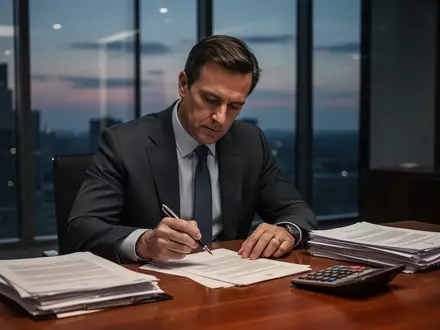 Ein Geschäftsführer sitzt nachdenklich an einem Schreibtisch mit Unterlagen in einem modern eingerichteten Büro. - Foto: über boerse-global.de