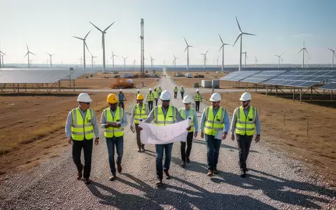Ingenieure auf einer modernen Baustelle für erneuerbare Energien mit Windkraftanlagen und Solarpaneelen im Hintergrund. - Foto: über boerse-global.de