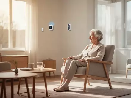 Eine ältere Frau in einem modernen, hellen Wohnzimmer mit diskreter Smart-Home-Technologie für die Gesundheitsüberwachung. - Foto: über boerse-global.de