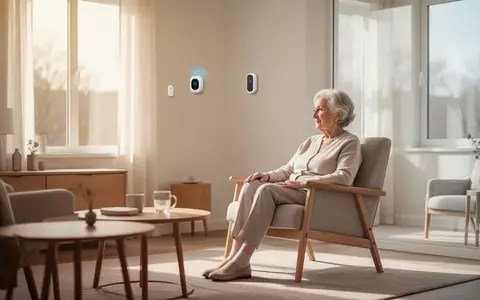 Eine ältere Frau in einem modernen, hellen Wohnzimmer mit diskreter Smart-Home-Technologie für die Gesundheitsüberwachung. - Foto: über boerse-global.de