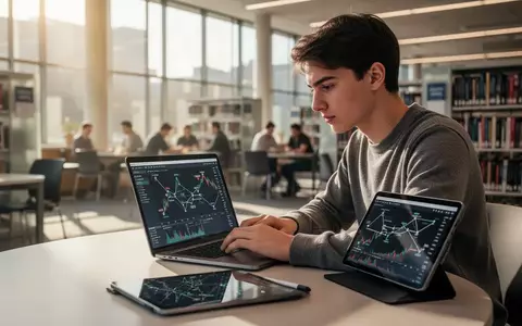 Ein Student arbeitet in einer modernen Bibliothek an einem Laptop und einem Tablet, während er sich auf KI-Weiterbildung konzentriert. - Foto: über boerse-global.de