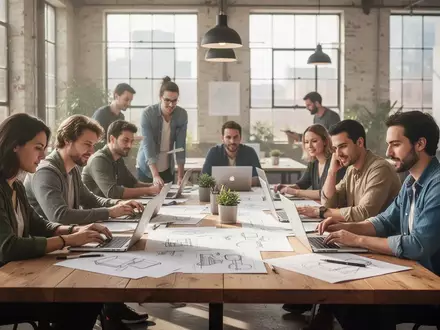Kreative Fachleute arbeiten in einem hellen, modernen Loft-Büro gemeinsam an einem Projekt. - Foto: über boerse-global.de