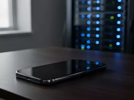 Ein modernes Smartphone auf einem dunklen Schreibtisch vor einem unscharfen Server-Rack, das Datensicherheit symbolisiert. - Foto: über boerse-global.de