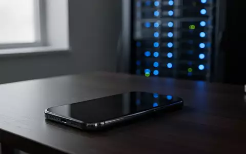 Ein modernes Smartphone auf einem dunklen Schreibtisch vor einem unscharfen Server-Rack, das Datensicherheit symbolisiert. - Foto: über boerse-global.de