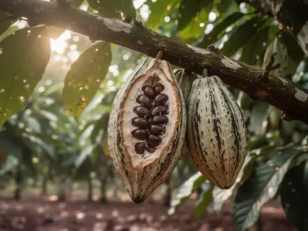 Frische Kakaoschoten an einem Ast auf einer Plantage in Ghana bei natürlichem Licht. - Foto: über boerse-global.de