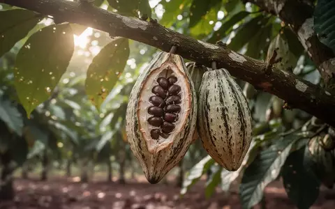 Frische Kakaoschoten an einem Ast auf einer Plantage in Ghana bei natürlichem Licht. - Foto: über boerse-global.de