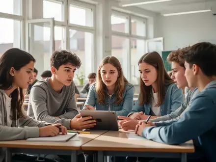 Schülerinnen und Schüler in einem modernen Klassenzimmer bei der Arbeit mit einem Tablet während eines Unterrichtsgesprächs. - Foto: über boerse-global.de