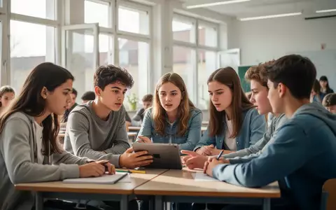 Schülerinnen und Schüler in einem modernen Klassenzimmer bei der Arbeit mit einem Tablet während eines Unterrichtsgesprächs. - Foto: über boerse-global.de