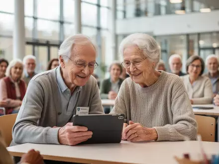 Ein ehrenamtlicher Mentor und ein älterer Mensch betrachten gemeinsam ein Tablet in einem modernen Bürgerzentrum in Wiesbaden. - Foto: über boerse-global.de