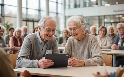 Ein ehrenamtlicher Mentor und ein älterer Mensch betrachten gemeinsam ein Tablet in einem modernen Bürgerzentrum in Wiesbaden. - Foto: über boerse-global.de