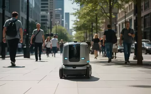 Ein autonomer Lieferroboter fährt auf einem belebten Gehweg in einer amerikanischen Großstadt. - Foto: über boerse-global.de