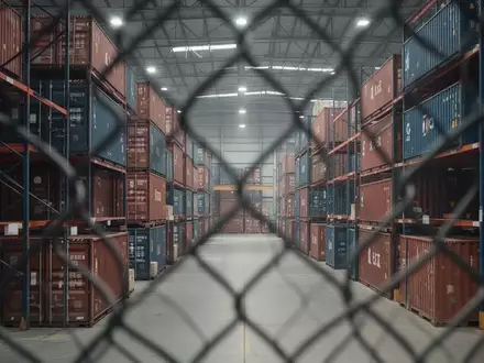 Ein modernes Logistiklager in China mit gestapelten Containern und Industrieregalen hinter einem Maschendrahtzaun. - Foto: über boerse-global.de