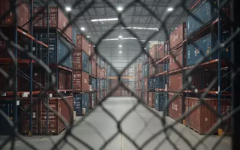 Ein modernes Logistiklager in China mit gestapelten Containern und Industrieregalen hinter einem Maschendrahtzaun. - Foto: über boerse-global.de