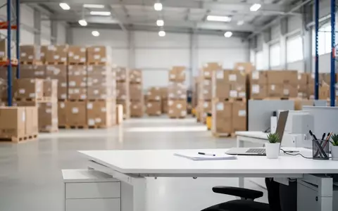 Modernes Logistiklager mit verschwommenen Versandbehältern und einem aufgeräumten Arbeitsplatz im Vordergrund. - Foto: über boerse-global.de