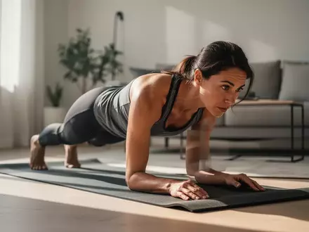Person beim Ausführen einer Plank-Übung auf einer Yogamatte in einem hellen, minimalistischen Wohnzimmer. - Foto: über boerse-global.de