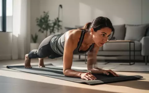 Person beim Ausführen einer Plank-Übung auf einer Yogamatte in einem hellen, minimalistischen Wohnzimmer. - Foto: über boerse-global.de