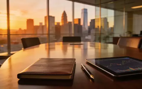 Ein moderner Konferenzraum mit Blick auf eine Skyline bei Sonnenuntergang und Finanzunterlagen auf einem Holztisch. - Foto: über boerse-global.de