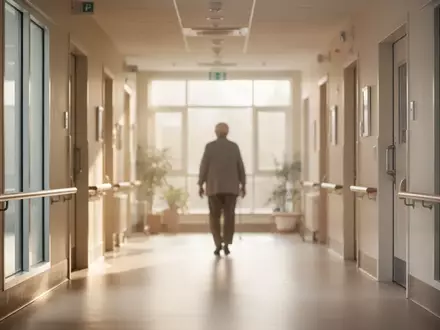 Ein heller, moderner Flur in einer Pflegeeinrichtung mit einfallendem Tageslicht und der schemenhaften Silhouette einer Person. - Foto: über boerse-global.de