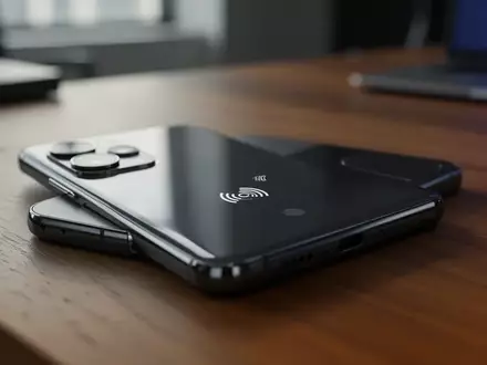 Ein Smartphone liegt auf einem Holztisch; der Fokus liegt auf der Rückseite des Geräts, wo sich der NFC-Chip befindet. - Foto: über boerse-global.de