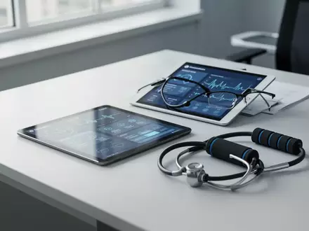 Ein Tablet mit digitaler Gesundheitsanwendung, eine Brille und ein Physiotherapie-Band auf einem modernen Schreibtisch. - Foto: über boerse-global.de