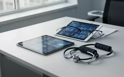 Ein Tablet mit digitaler Gesundheitsanwendung, eine Brille und ein Physiotherapie-Band auf einem modernen Schreibtisch. - Foto: über boerse-global.de