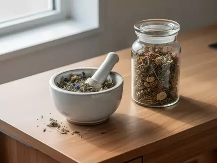 Ein minimalistischer Holztisch mit Mörser, Stößel und getrockneten Heilkräutern in einer hellen, klinischen Umgebung. - Foto: über boerse-global.de