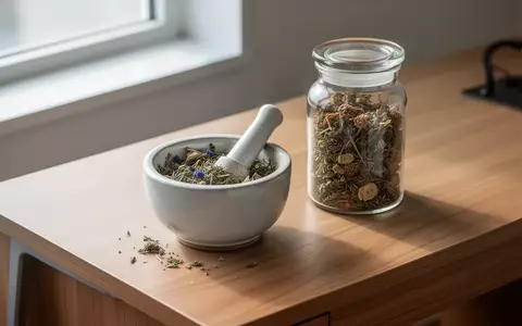 Ein minimalistischer Holztisch mit Mörser, Stößel und getrockneten Heilkräutern in einer hellen, klinischen Umgebung. - Foto: über boerse-global.de