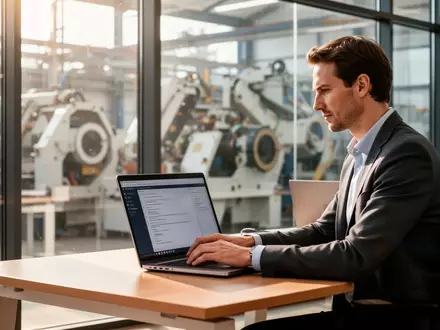 Ein Mitarbeiter arbeitet an einem Laptop in einem modernen Büro, im Hintergrund sind durch eine Glasscheibe Maschinen zu sehen. - Foto: über boerse-global.de