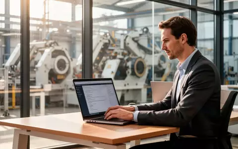 Ein Mitarbeiter arbeitet an einem Laptop in einem modernen Büro, im Hintergrund sind durch eine Glasscheibe Maschinen zu sehen. - Foto: über boerse-global.de
