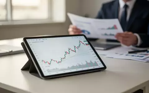 Ein moderner Schreibtisch mit einem Tablet, das einen Finanzchart anzeigt, im Licht eines sonnigen Büros. - Foto: über boerse-global.de