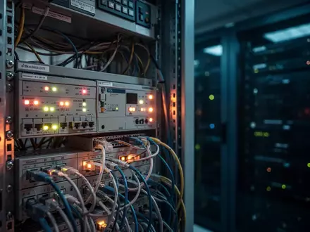 Industrielle Steuerungstechnik in einem dunklen Kontrollraum mit leuchtenden Status-LEDs und Netzwerkkabeln. - Foto: über boerse-global.de