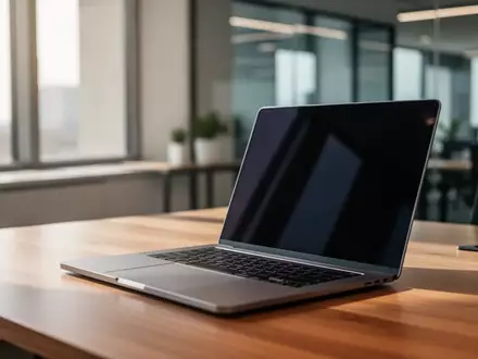 Ein moderner Büroarbeitsplatz mit einem geöffneten Laptop auf einem Schreibtisch in einer professionellen Arbeitsumgebung. - Foto: über boerse-global.de
