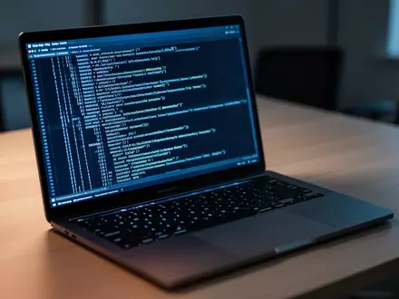 Ein offener Laptop auf einem Schreibtisch zeigt komplexen Programmcode in einem Terminalfenster bei bläulichem Bildschirmlicht. - Foto: über boerse-global.de